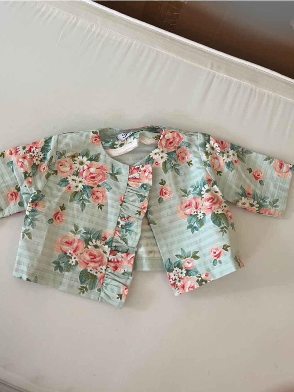 Floral Mint Green Wrap Top with Pink Roses